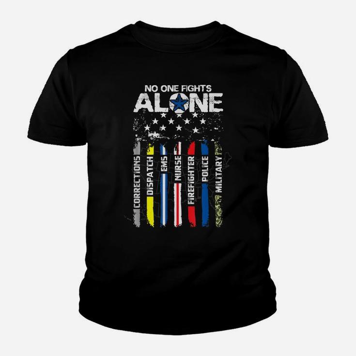 No One Fights Alone Usa Flag Thin Line Military Police Nurse Youth T-shirt
