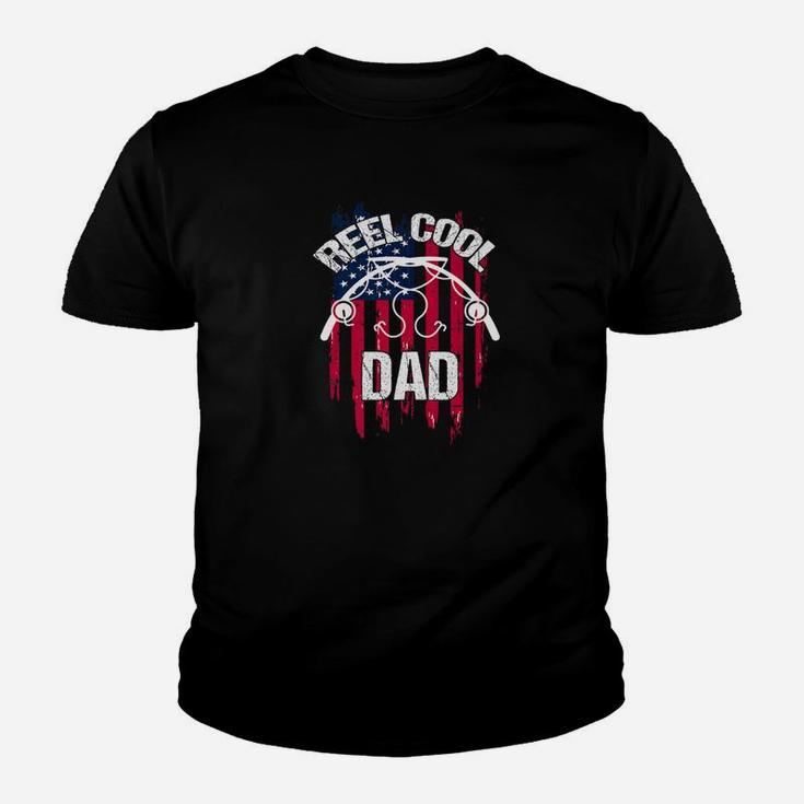 Reel Cool Dad Fishing Daddy Gift Rod Flag Bass Fish Youth T-shirt