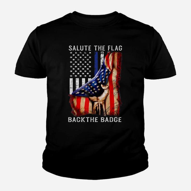 Salute The Flag Back The Badge T-Shirt Flag Police Hand Gift Youth T-shirt