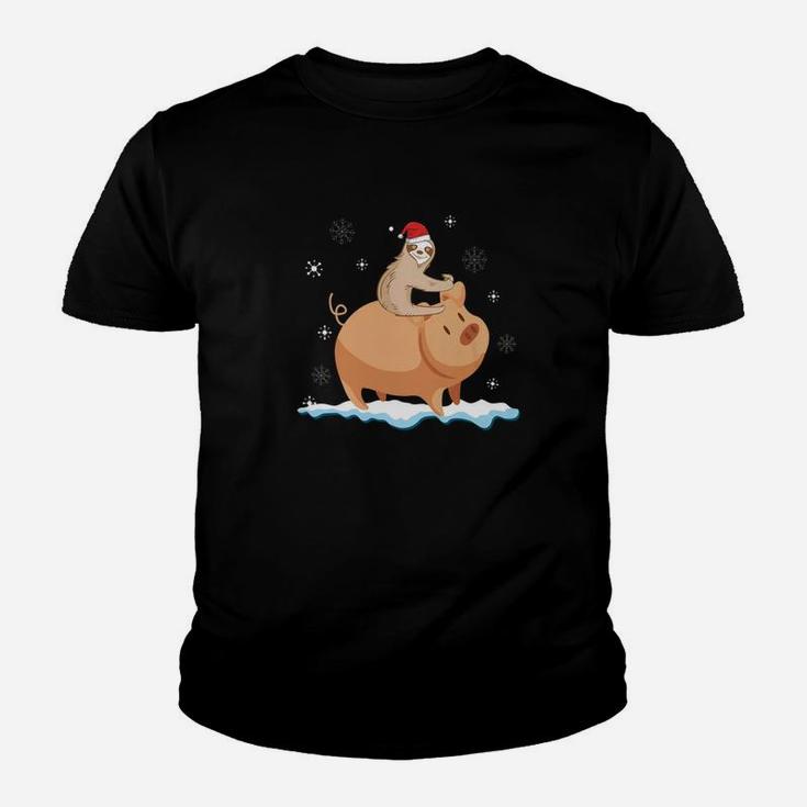 Sloth Riding Pig Walking Around Snow Christmas Cute Youth T-shirt