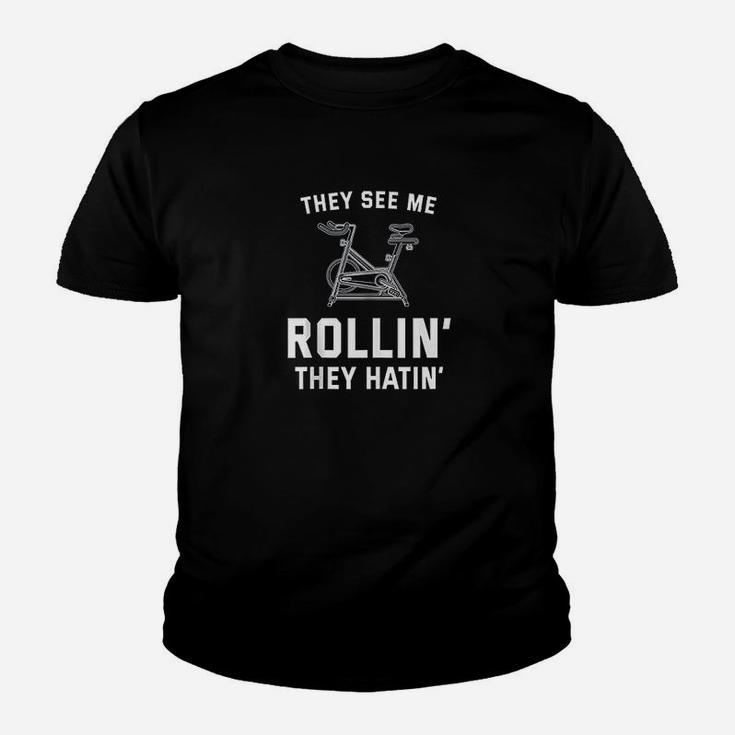 They See Me Rollin They Hatin Spin Class Funny Spinning Gym Youth T-shirt
