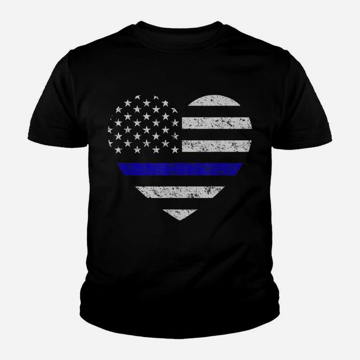 Thin Blue Line American Flag Heart Police Youth T-shirt