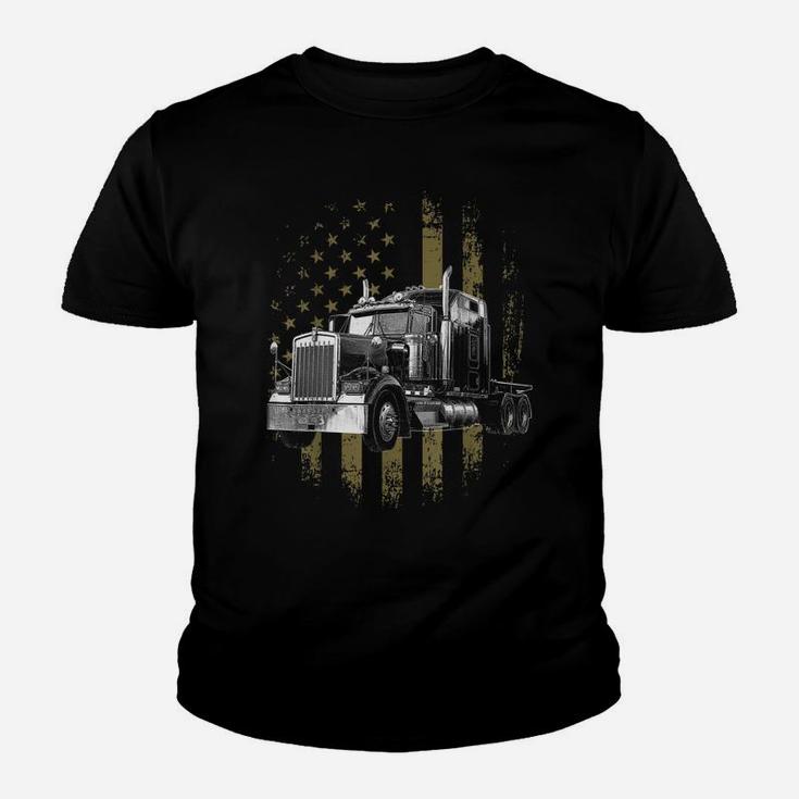 Trucker American Flag Big Rig Semi-Trailer Truck Driver Gift Youth T-shirt