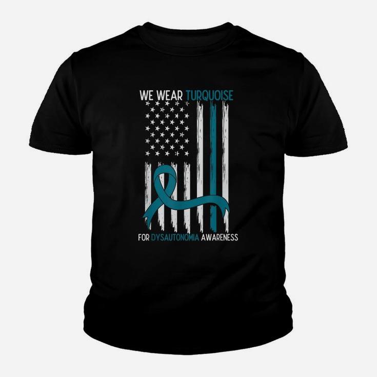 We Wear Turquoise For Dysautonomia Awareness Ribbon Usa Flag Youth T-shirt