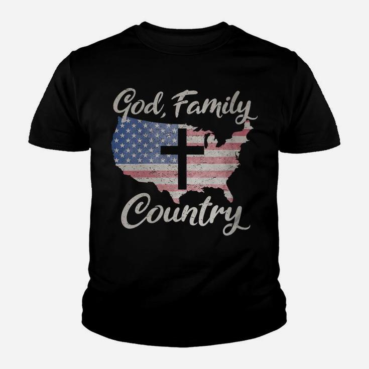 Womens GOD FAMILY COUNTRY Christian Cross American Flag Love Jesus Youth T-shirt