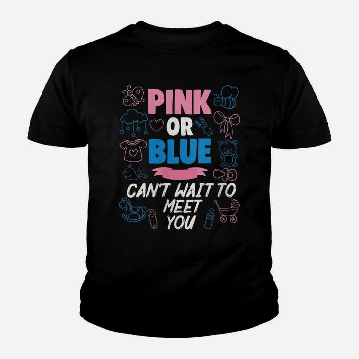 Womens Pink Or Blue Can't Wait To Meet You Baby Gender Reveal Party Youth T-shirt