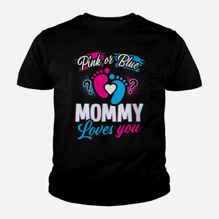 Womens Pink Or Blue Mommy Loves You Gender Reveal Baby Shower Gift Youth T-shirt