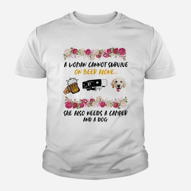 A Women Cannot Survive Beer Alone She Needs Camper And Golden Retriever Dog Youth T-shirt