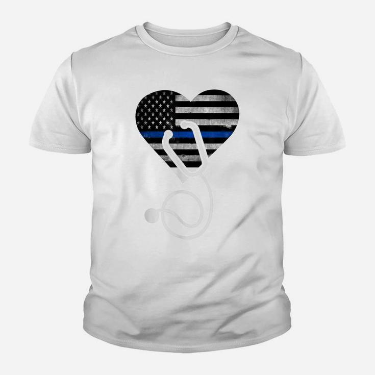 American Flag Heart With Police Thin Blue Line Nurse Rn Lvn Youth T-shirt