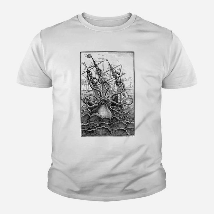 Giant Octopus Pirate Ship Vintage Kraken  Sailing Squid Youth T-shirt