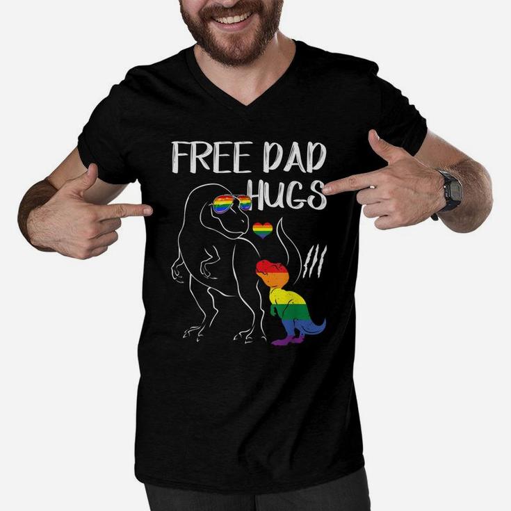 Free Dad Hugs Lgbt Pride Dad Dinosaur Rex  Gift Men V-Neck Tshirt
