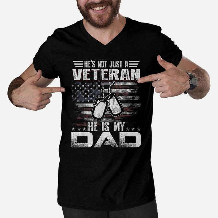 He Is My Veteran Dad American Flag Veterans Day Gift Men V-Neck Tshirt