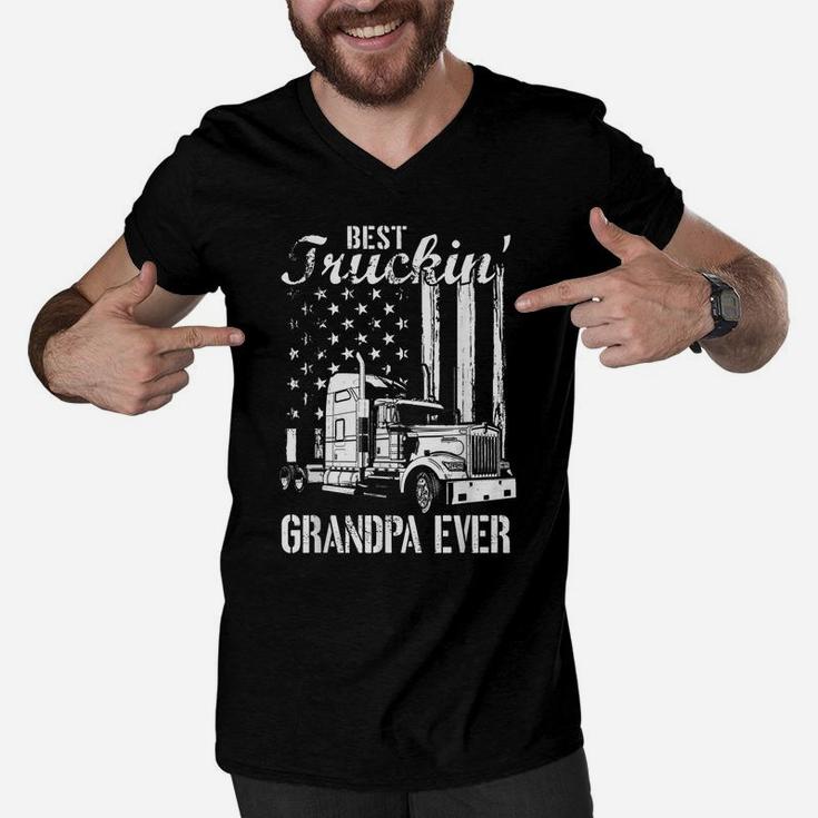Mens Best Trucking Grandpa Ever Truck Driver American Flag Men V-Neck Tshirt
