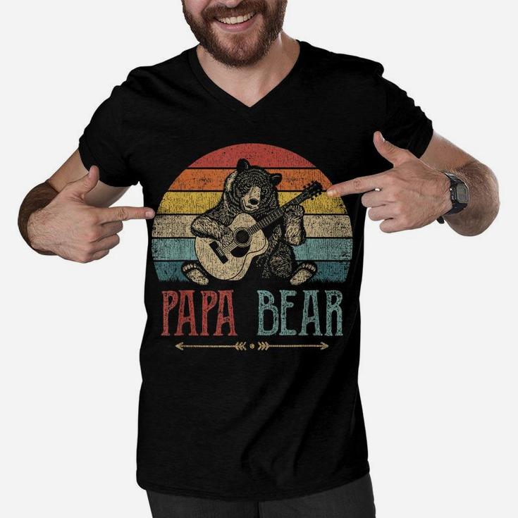 Mens Cute Papa Bear Shirt Vintage Father's Day Retro Dad Guitar Men V-Neck Tshirt