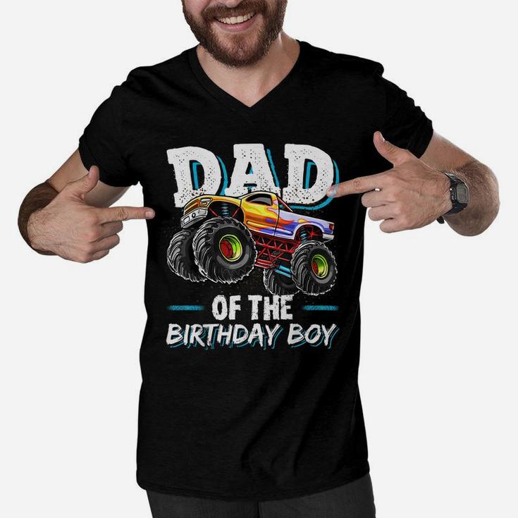 Mens Dad Of The Birthday Boy Monster Truck Birthday Novelty Gift Men V-Neck Tshirt