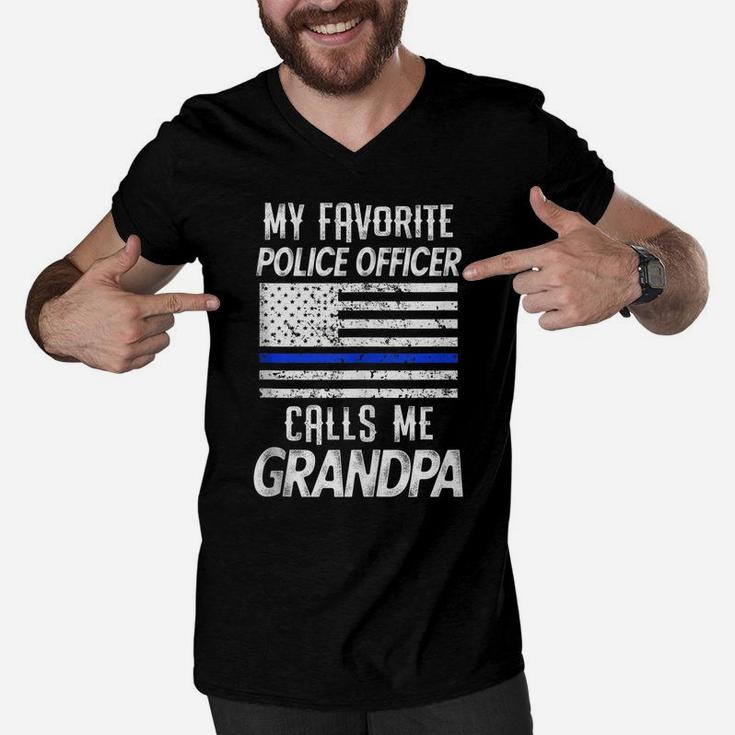Mens Mens My Favorite Police Officer Calls Me Grandpa Thin Blue Men V-Neck Tshirt