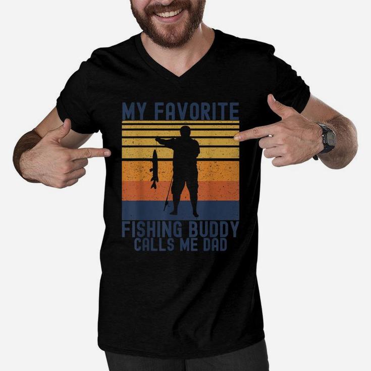 Mens Vintage My Favorite Fishing Buddy Calls Me Dad Fishing Lover Men V-Neck Tshirt