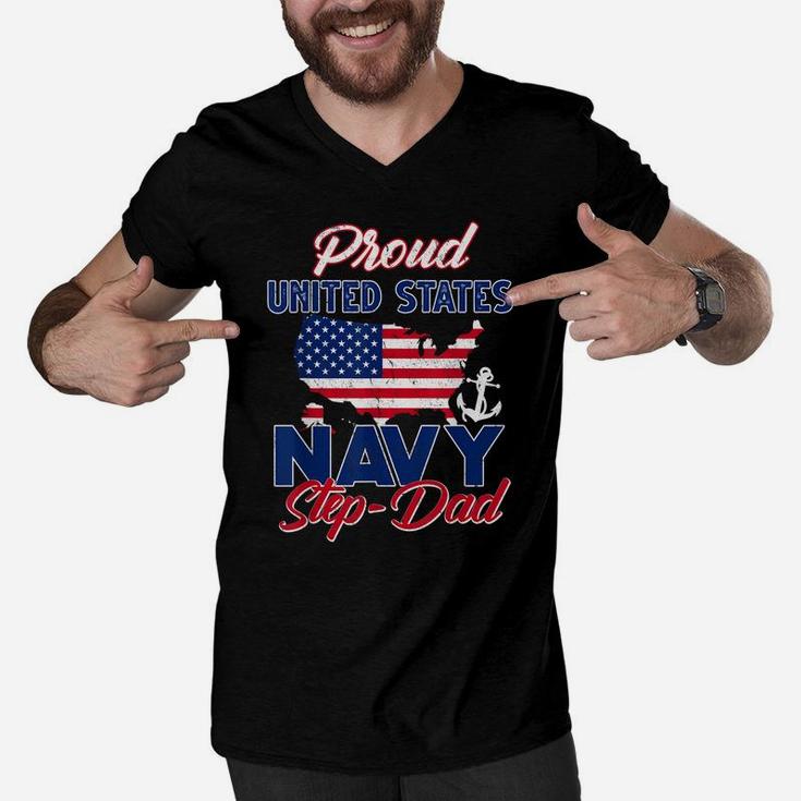 Proud Navy Step-Dad Us Flag Family S Army Military Men V-Neck Tshirt