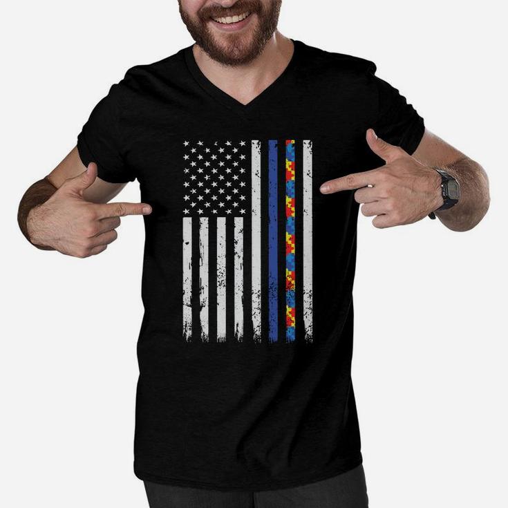 Thin Blue Line Police Support Autism 4Th July Mom Dad Flag Sweatshirt Men V-Neck Tshirt