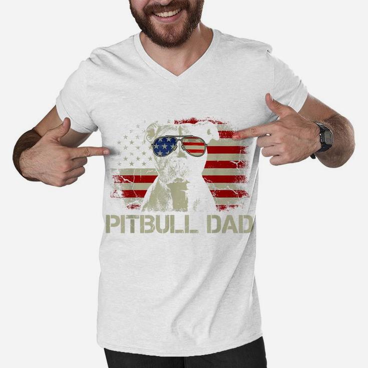 Mens Best Pitbull Dad Ever Shirt American Flag 4Th Of July Gift Men V-Neck Tshirt