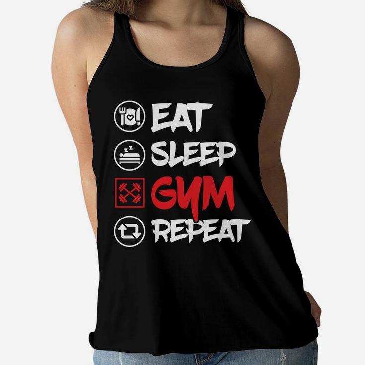Eat Sleep Gym Repeat Daily Fitness Schedule Ladies Flowy Tank