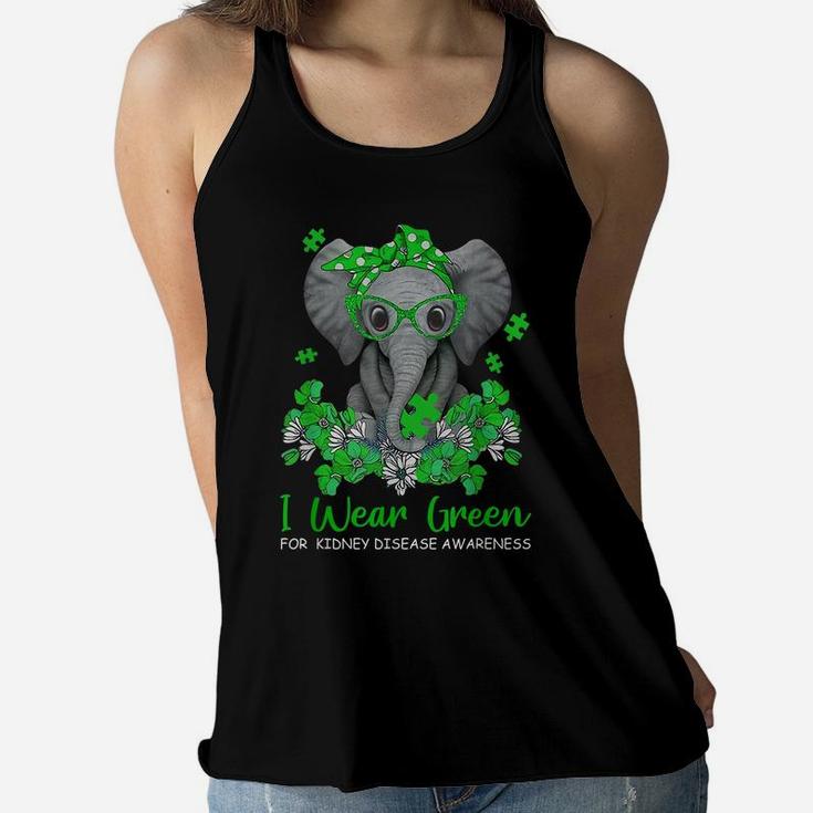 I Wear Green For Kidney Disease Awareness Elephant Survivors Women Flowy Tank