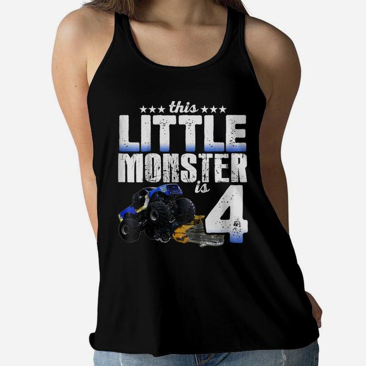 Kids 4 Years Old Little Monster Truck Shirt 4Th Birthday Gift Tee Women Flowy Tank