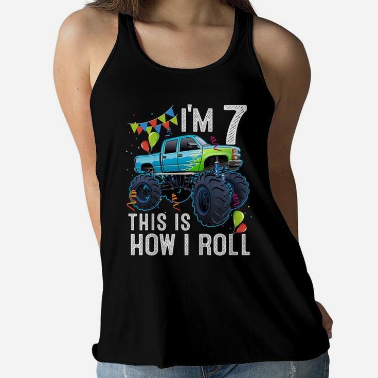 Kids 7 Year Old Shirt 7Th Birthday Boy Kid Monster Truck Car Women Flowy Tank