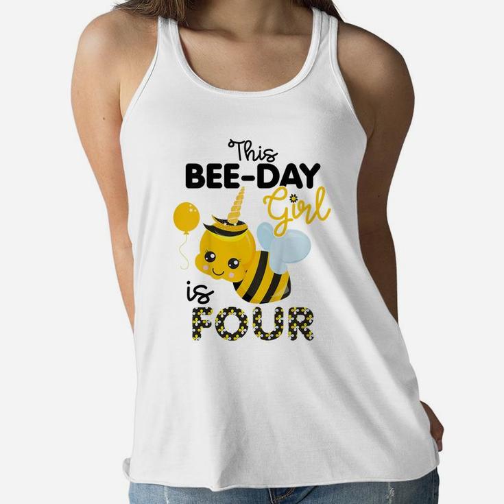 Kids 4Th Birthday Girl Bee Themed 4 Year Old Bday Matching Party Women Flowy Tank