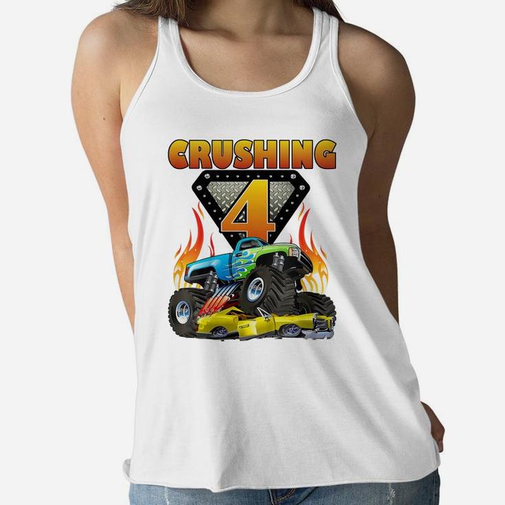 Kids Monster Truck 4 Year Old Shirt 4Th Birthday Boy Monster Car Women Flowy Tank