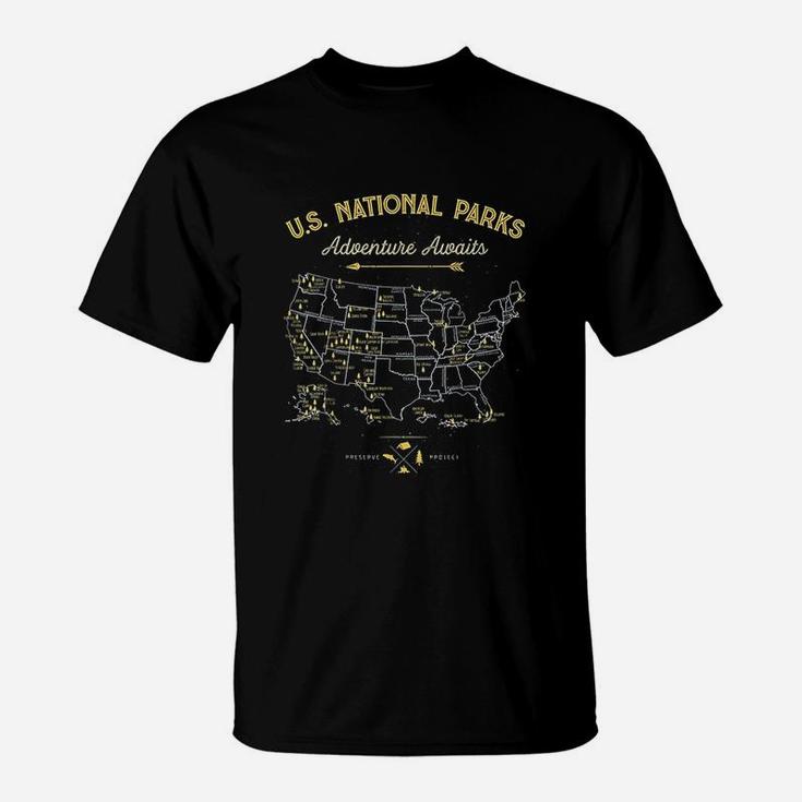 62 National Parks Map Gifts Us Park Vintage Camping Hiking T-Shirt