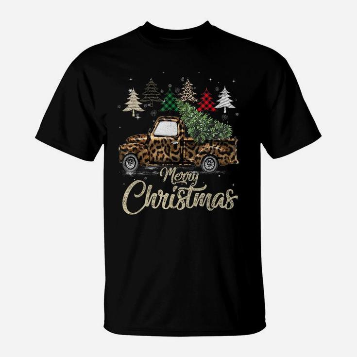 Buffalo Plaid Christmas Tree Red Truck With Leopard Print T-Shirt