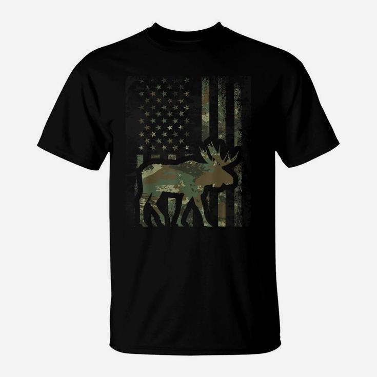 Camo American Flag Moose Hunting Gift For Hunter Moose Lover T-Shirt