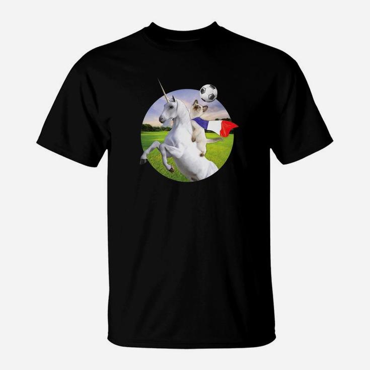France Cat Riding Unicorn Playing Soccer Simple Art T-Shirt
