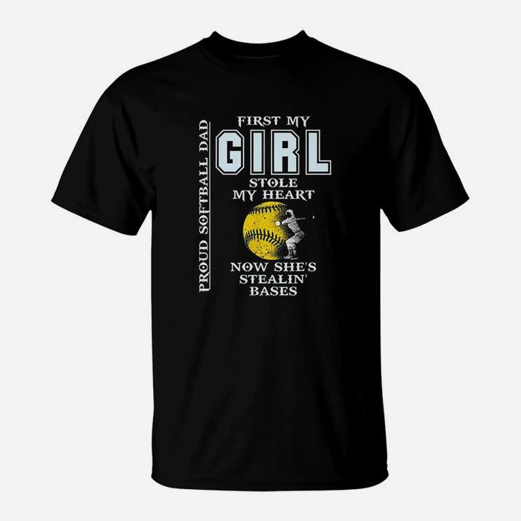 Funny Proud Softball Dad Girl Stole My Heart T-Shirt