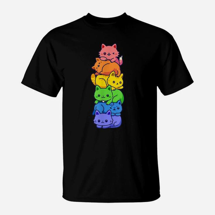 Gay Pride Cat Lgbt Kawaii Cats Pile Cute Anime Rainbow Flag T-Shirt