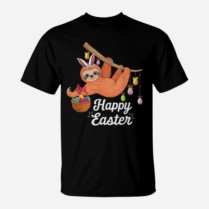 Happy Cute Sloth With Bunny Ears Egg Hunting Easter Sloth T-Shirt