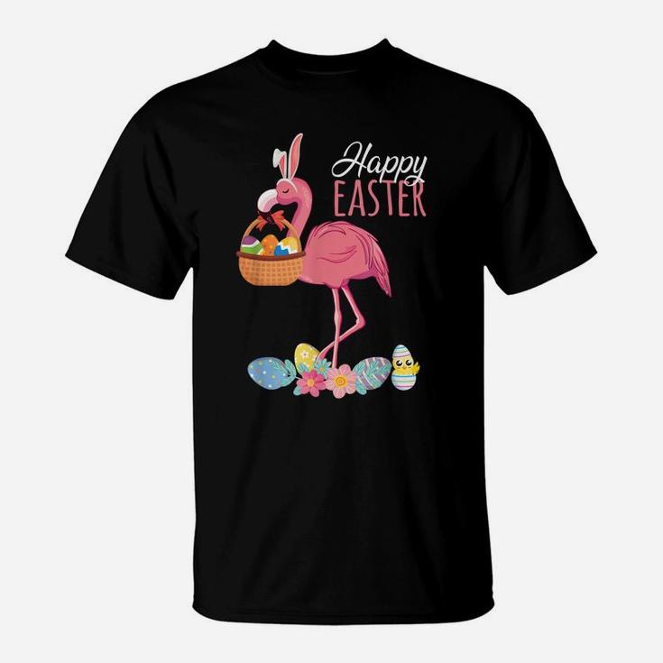 Happy Easter Flamingo With Easter Egg Basket Hunting T-Shirt