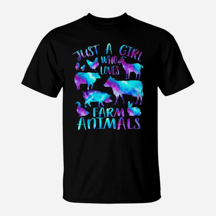 Just A Girl Who Loves Farm Animals - Galaxy Cows Pigs Goats T-Shirt
