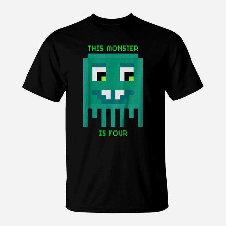 Kids Four Year Old Birthday Lofi Pixel Monster T-Shirt T-Shirt