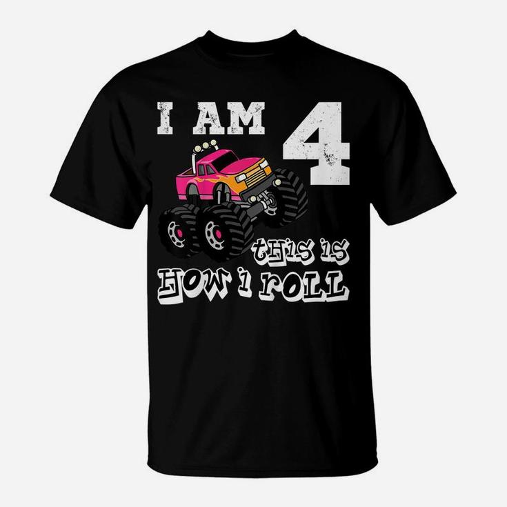 Kids Kids 4 Years Old 4Th Birthday Monster Truck Car Shirt Girl T-Shirt