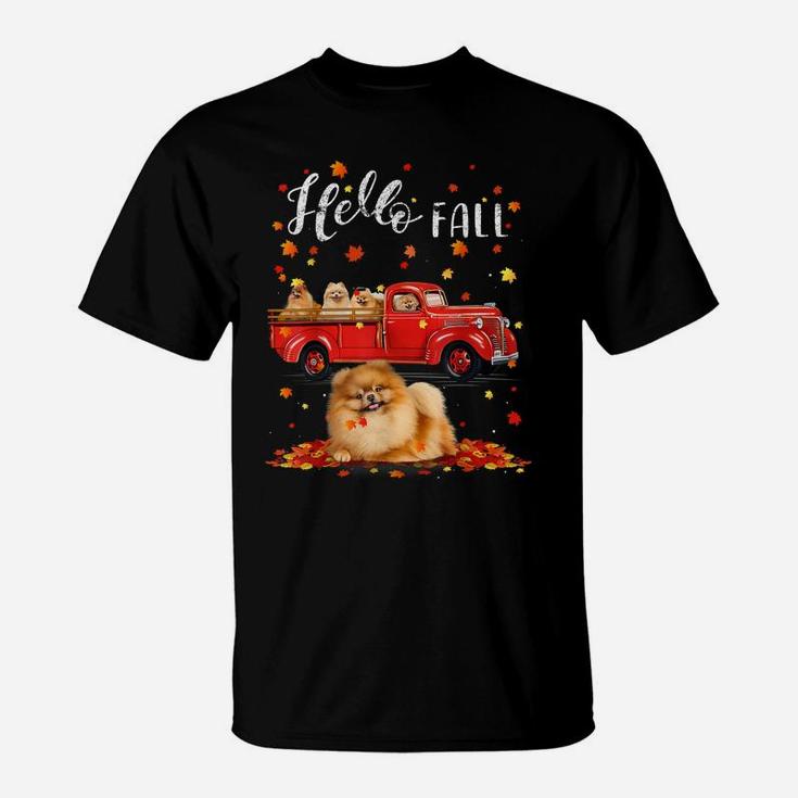 Maple Pomeranian Dog Leaf Fall Autumn Red Truck Gift Womens T-Shirt