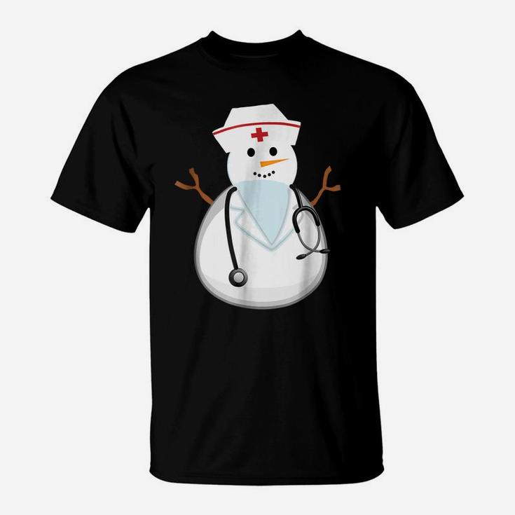 Medical Scrub Top Nurse's Hat Wearing Snowman Gift T-Shirt