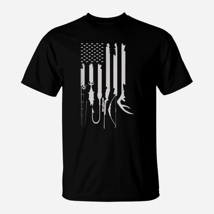 Mens Hunting Fishing Usa Flag American Themed Decor T-Shirt