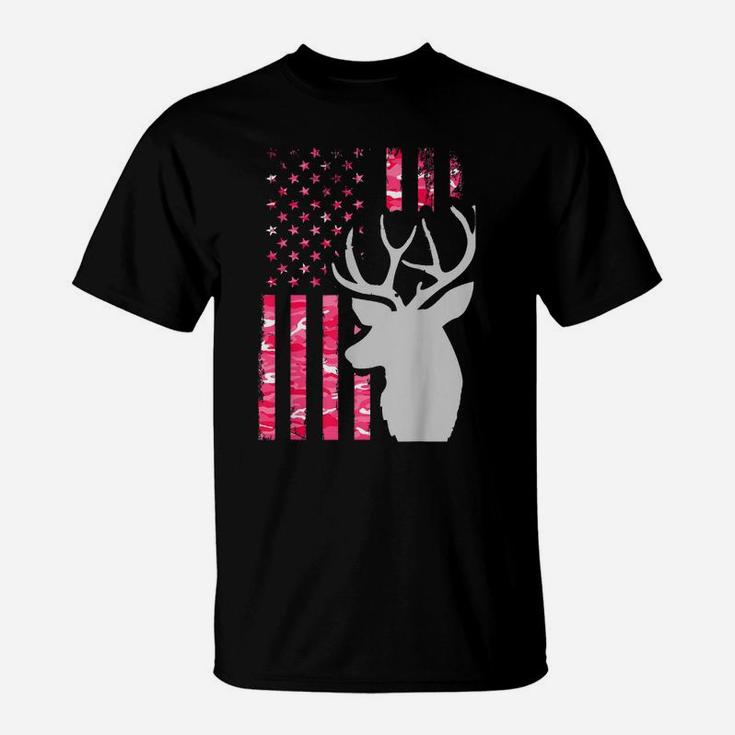 Pink Camo American Flag Camouflage Buck Hunting Shirt Women T-Shirt
