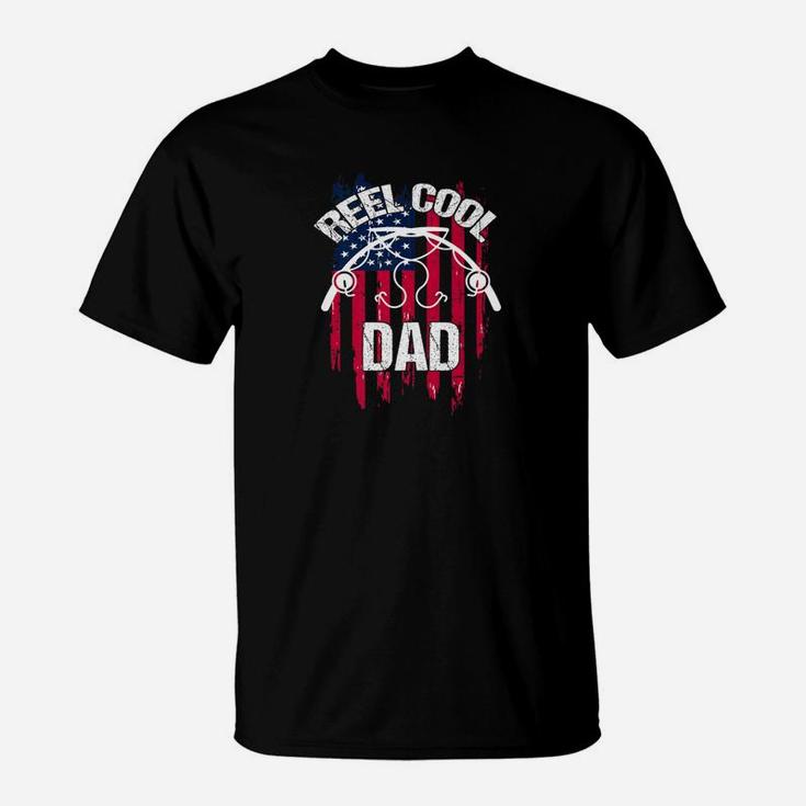 Reel Cool Dad Fishing Daddy Gift Rod Flag Bass Fish T-Shirt