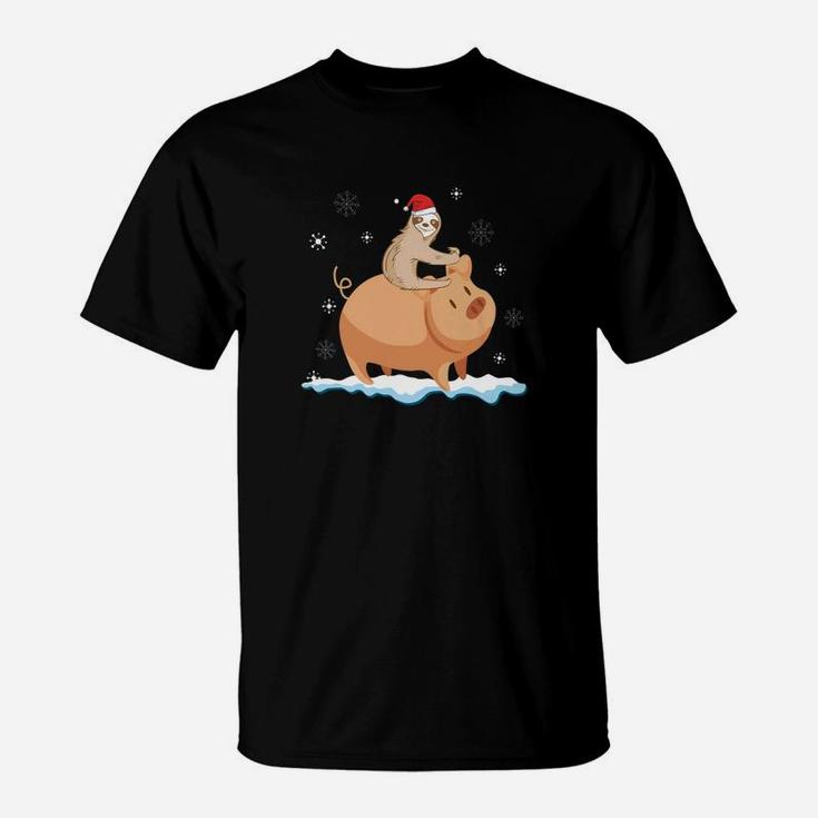 Sloth Riding Pig Walking Around Snow Christmas Cute T-Shirt