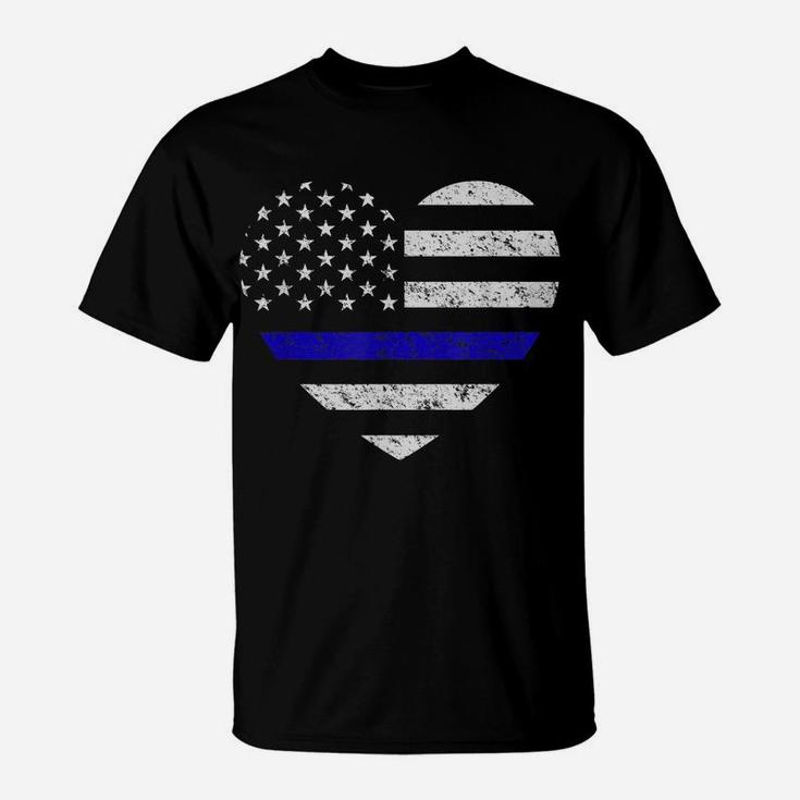 Thin Blue Line American Flag Heart Police T-Shirt