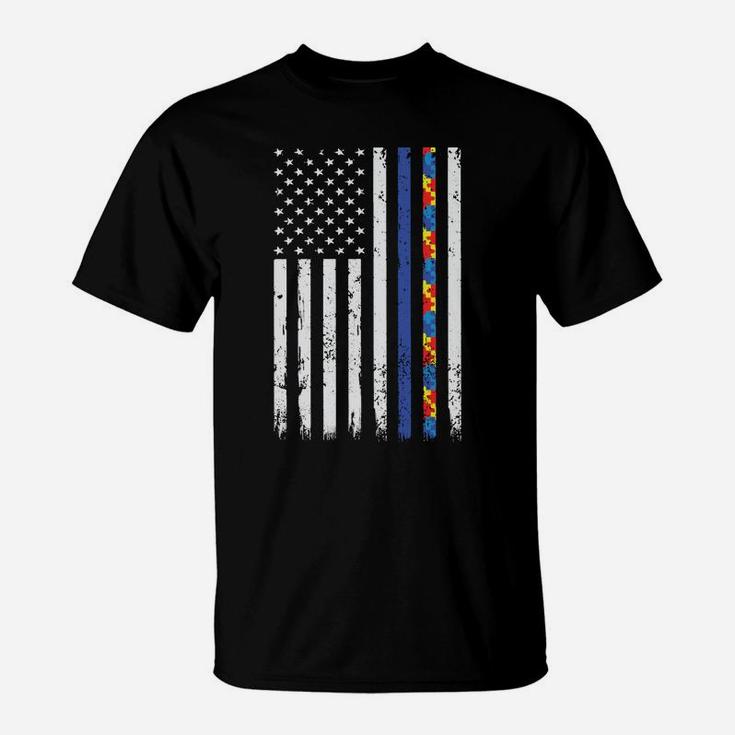Thin Blue Line Police Support Autism 4Th July Mom Dad Flag Sweatshirt T-Shirt