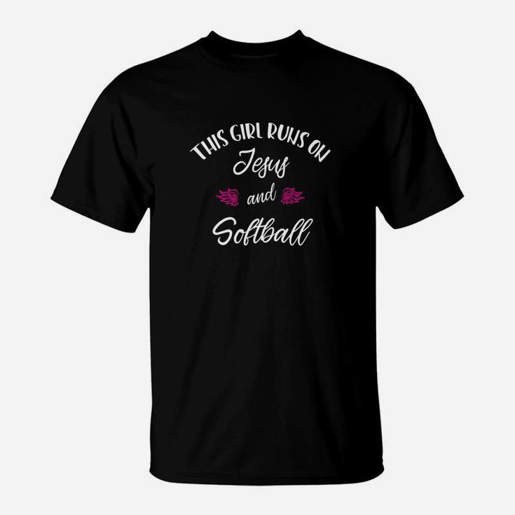 This Girl Runs On Jesus And Softball Funny Softball T-Shirt